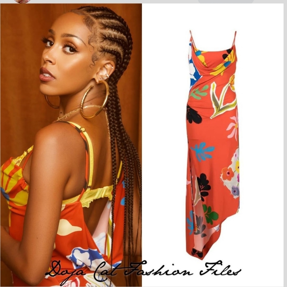 Monse Orange/red and yellow floral print midi dress with asymmetrical Hem US 6